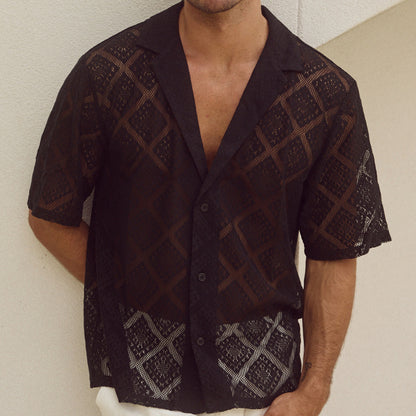 Chemise homme respirante ajourée – Haut décontracté à manches courtes et revers
