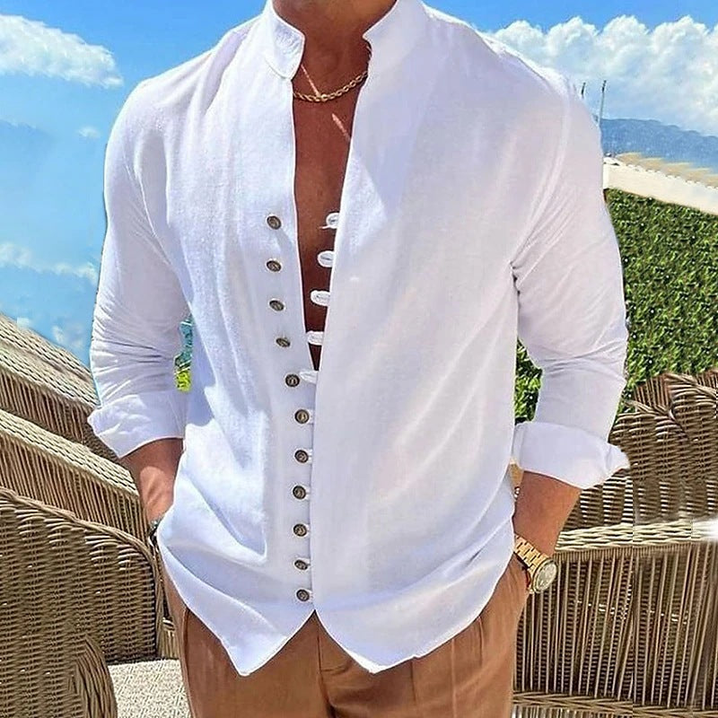 Chemise homme col mao en coton et lin – Cardigan décontracté coupe ample