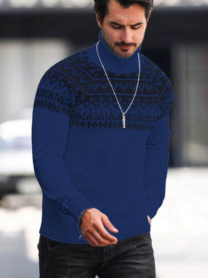 Suéter de cuello alto geométrico para hombre - Suéter informal de punto para otoño e invierno