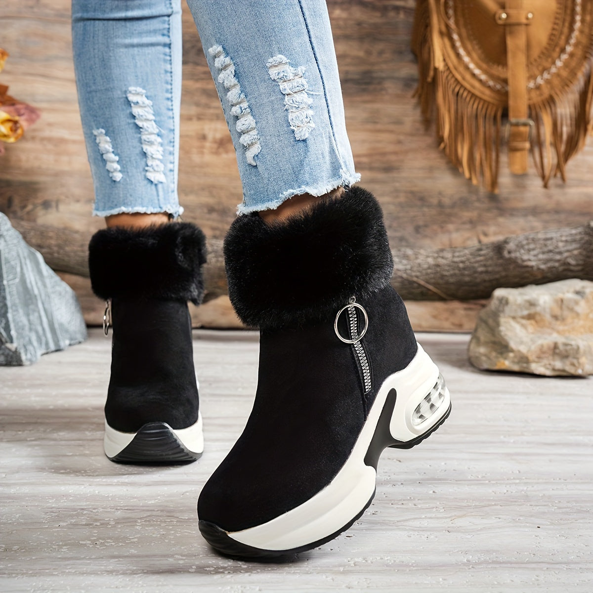Botines de plataforma para mujer – Zapatos de invierno con cremallera y forro de felpa