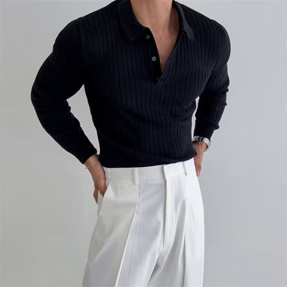 Men’s Slim Fit Long Sleeve Polo Knit – Button Lapel Style