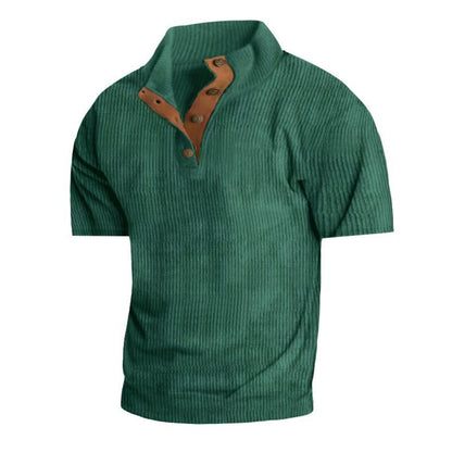 Men’s Corduroy Stand Collar Tee – Textured Casual Short Sleeve