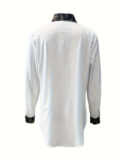Women’s Contrast Leopard Shirt – Button-Front Long Sleeve Blouse
