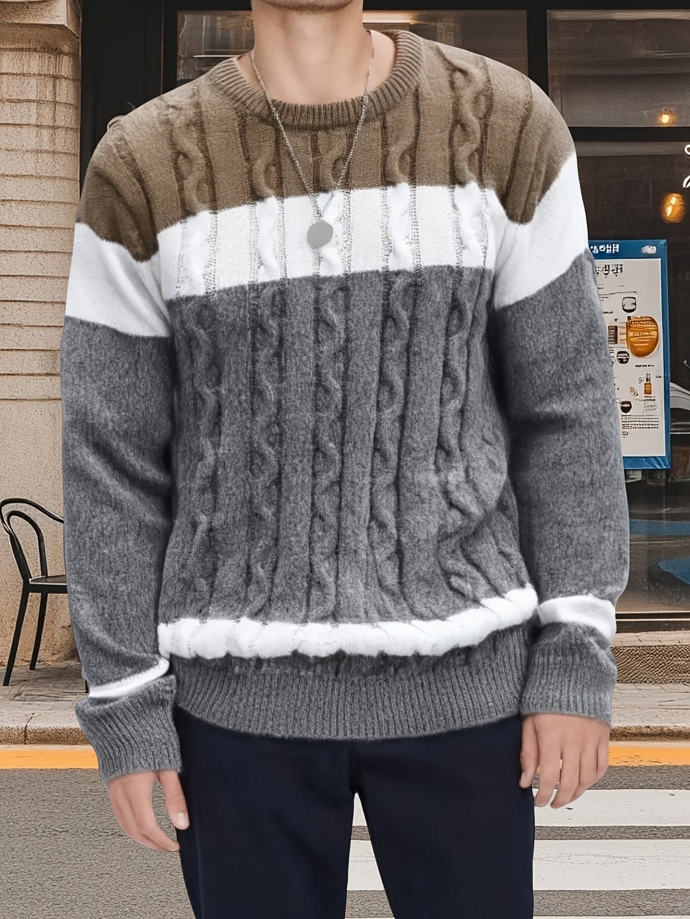 Men’s Color-Block Cable Knit Sweater – Soft Crew Neck Pullover