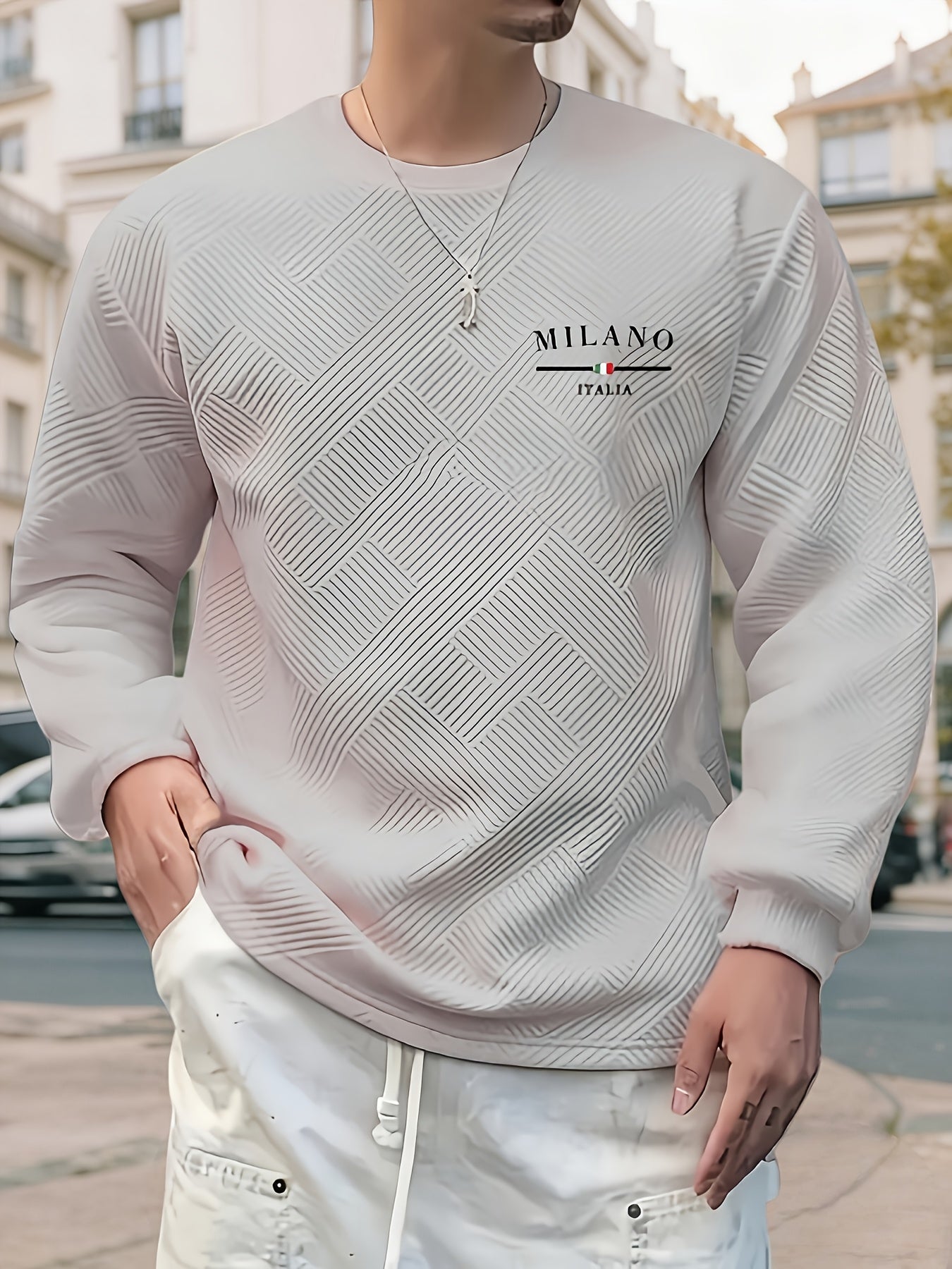 Sweat-shirt ras du cou jacquard homme – Pull décontracté à manches longues motifs géométriques