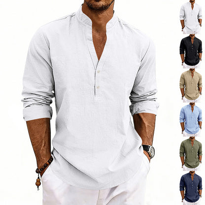 Men’s Linen V-Neck Long Sleeve – Breathable Casual Essential