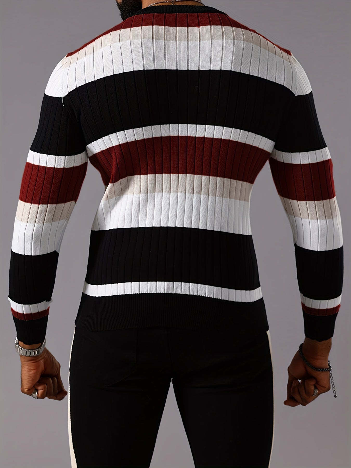 Men’s Striped Ribbed Knit Sweater – Color-Block Fall Winter Pullover