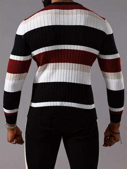Men’s Striped Ribbed Knit Sweater – Color-Block Fall Winter Pullover