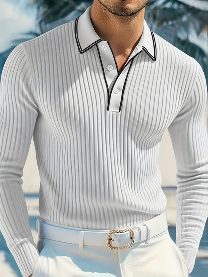 Men’s Stripe Polo Shirt – Relaxed Fit Long Sleeve Casual Top