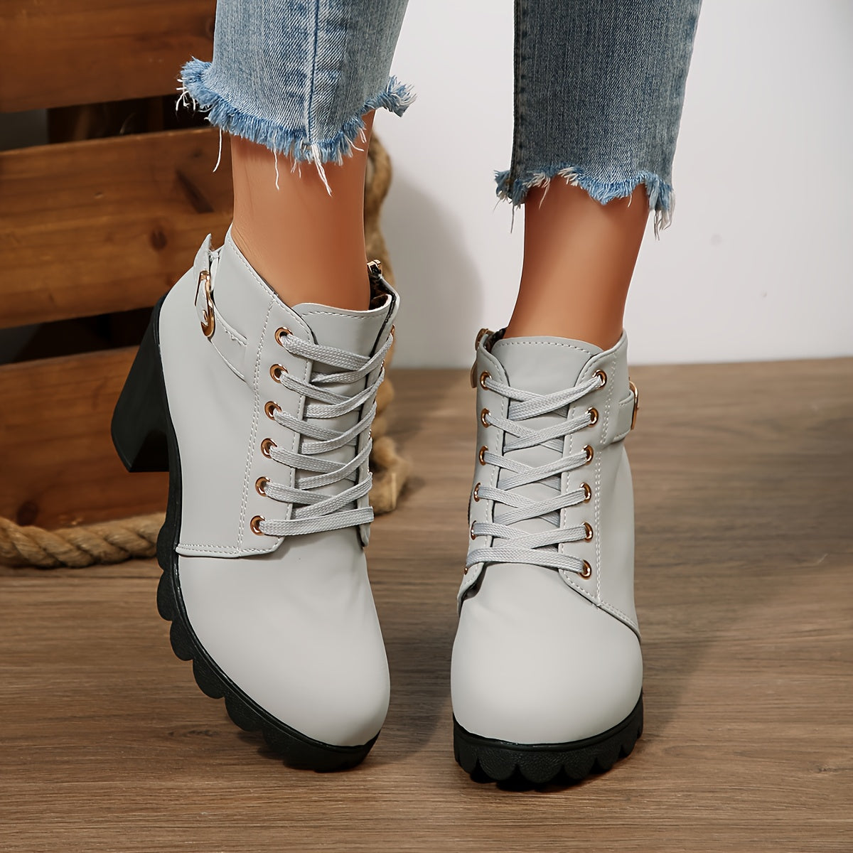 Botines de tacón alto para mujer - Tacón de bloque, elegantes, sin cordones