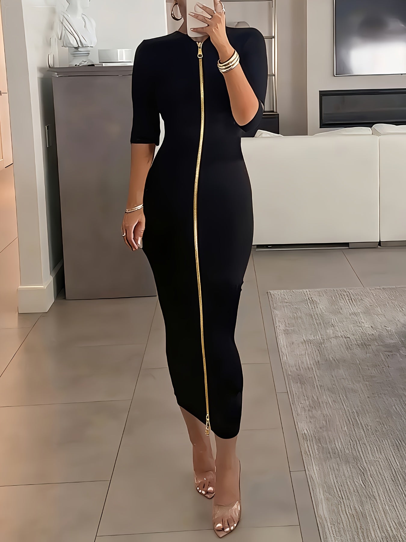 Boat Neck Bodycon Midi Dress – Elegant Slim Fit Short Sleeve Dress