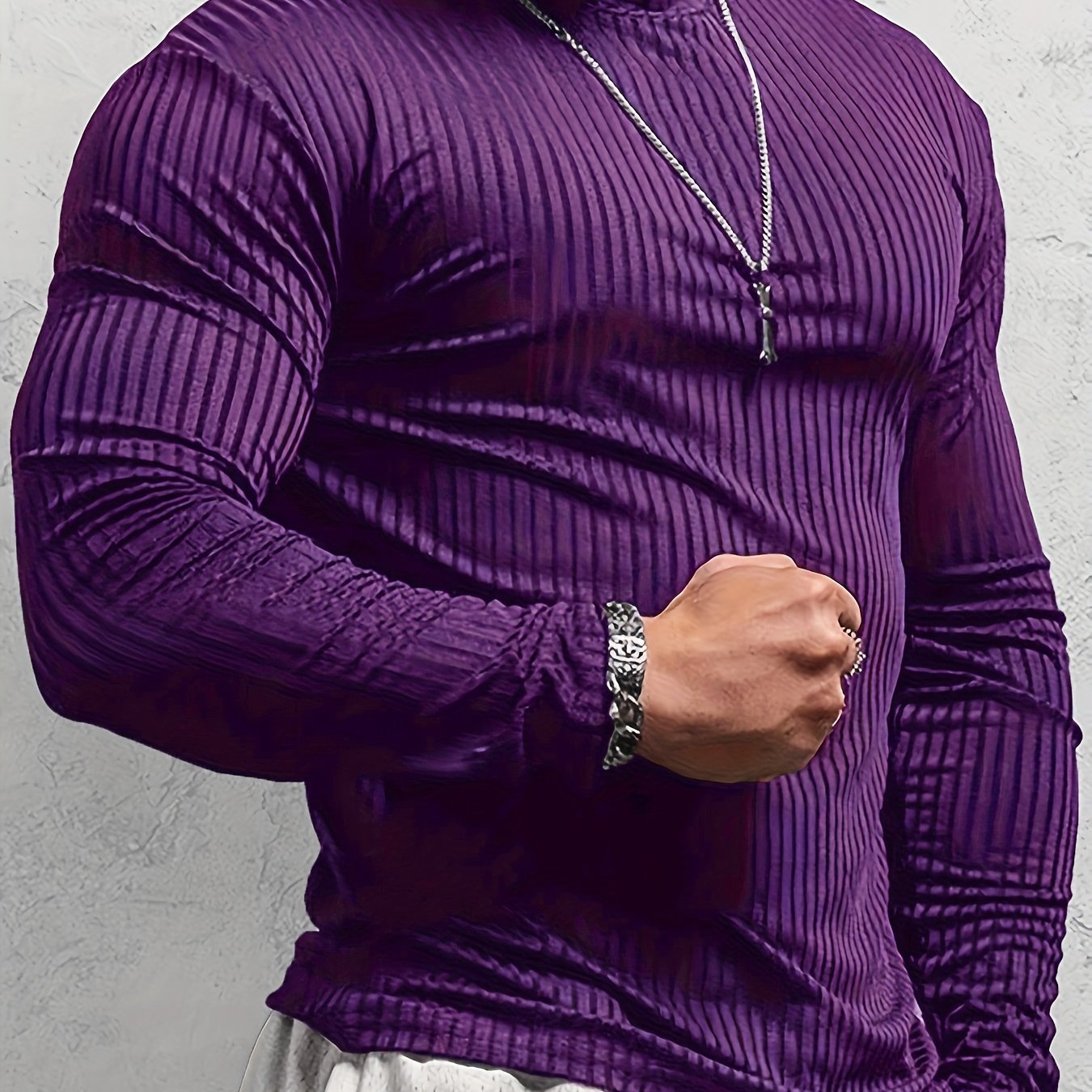 T-shirt côtelé ajusté à manches longues pour homme – Col montant athlétique