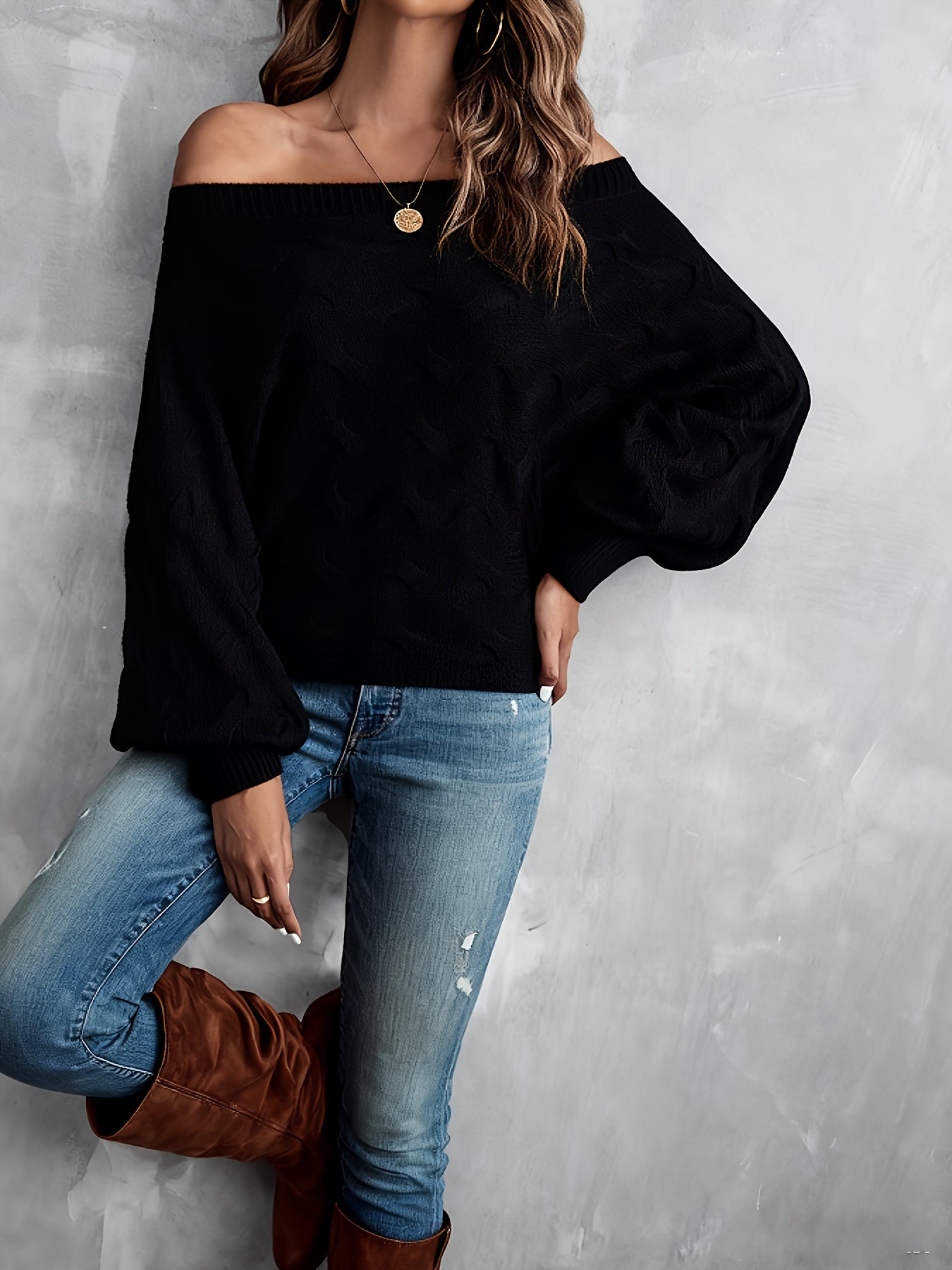 Women’s Off-Shoulder Batwing Sweater – Relaxed All-Season Knit