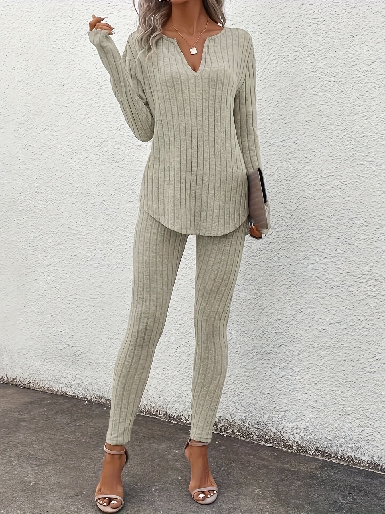 Ribbed Slim Fit Suit – Women’s V-Neck Long Sleeve Top & Pants Set