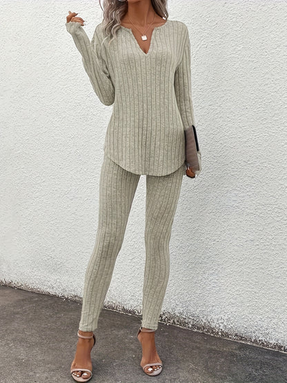 Ribbed Slim Fit Suit – Women’s V-Neck Long Sleeve Top & Pants Set