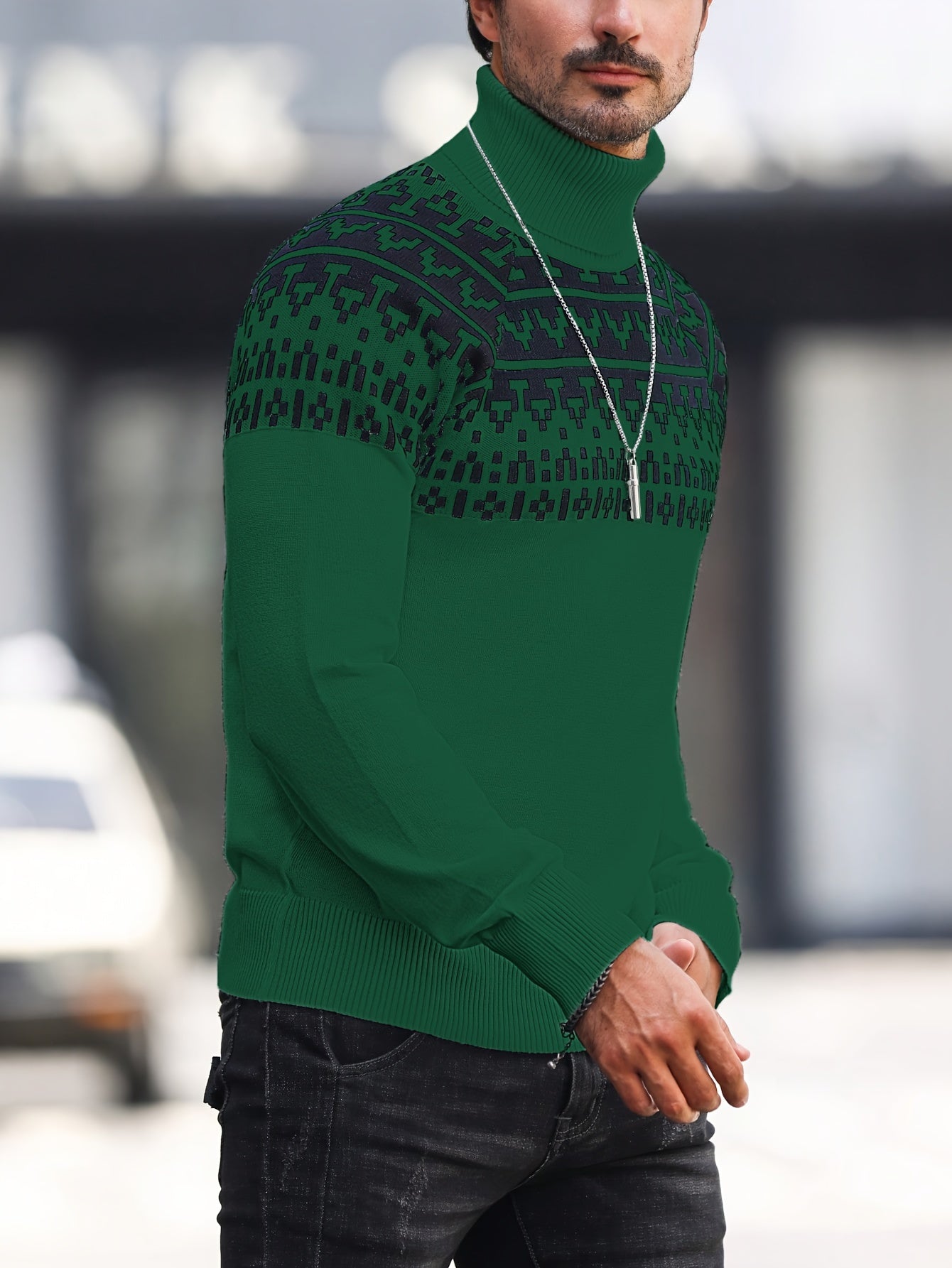 Suéter de cuello alto geométrico para hombre - Suéter informal de punto para otoño e invierno