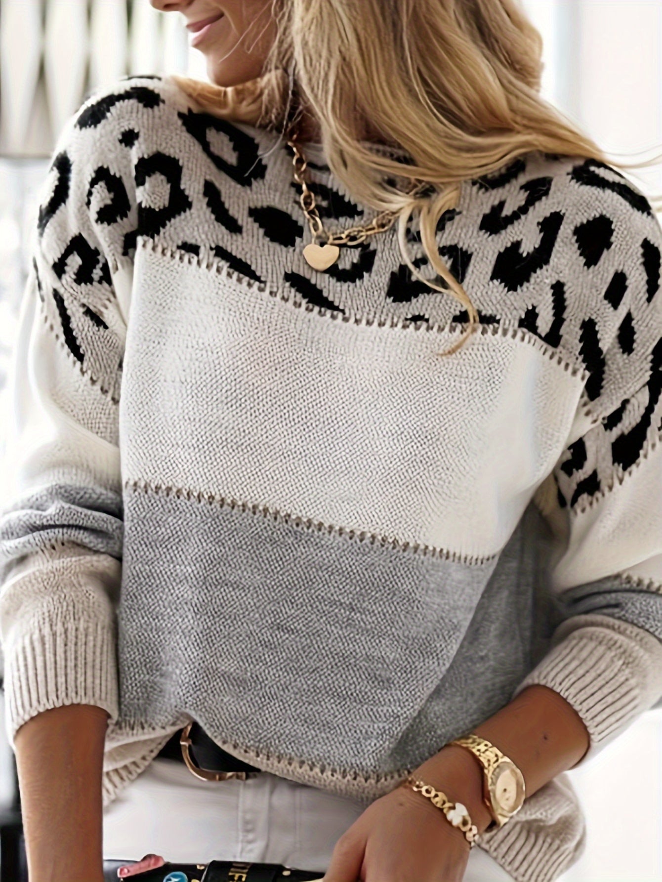 Women’s Leopard Patchwork Sweater – Pink & White Knit Crew Pullover