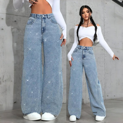 Women’s Rhinestone Wide-Leg Jeans – Loose Fit Statement Denim