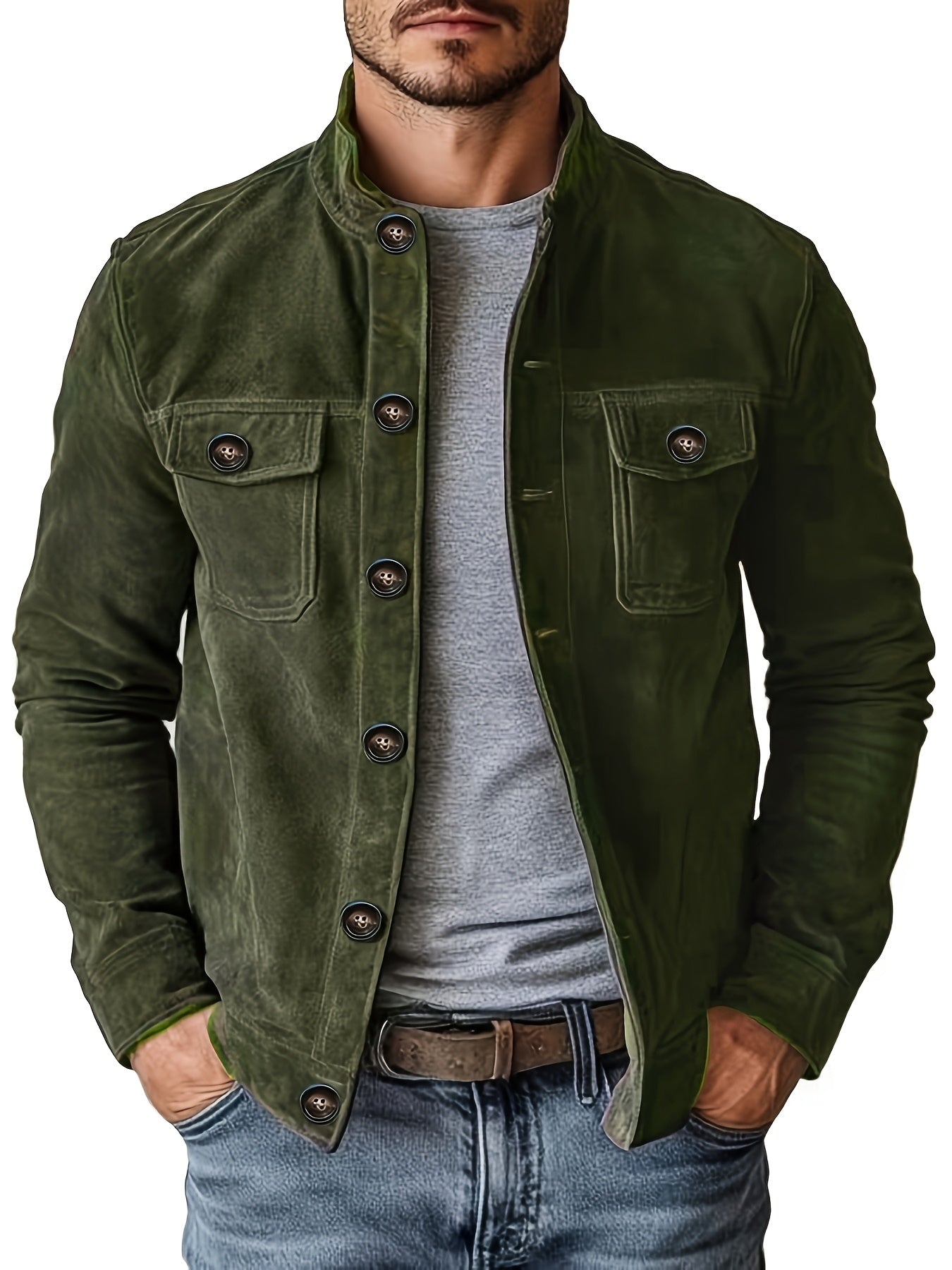 Chaqueta de ante sintético para hombre – Abrigo informal con cuello alto y botones