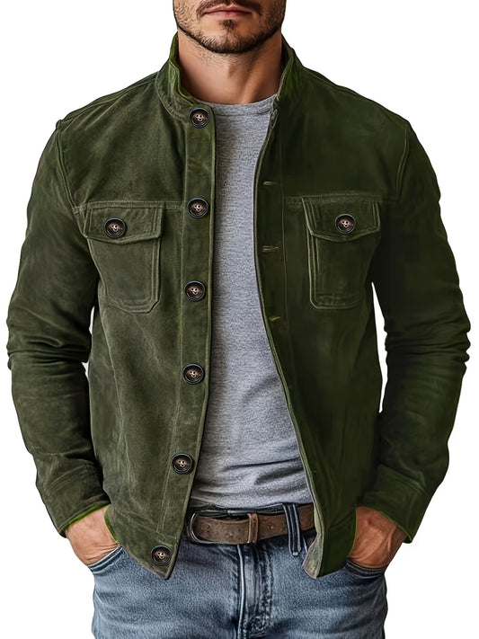 Men’s Faux Suede Jacket – Stand Collar Button Casual Coat