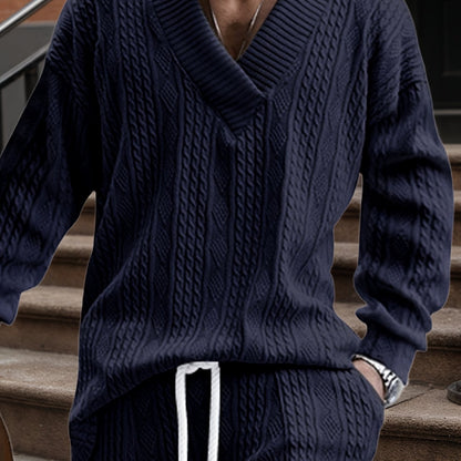 Pull décontracté pour homme en maille col V jacquard côtelé