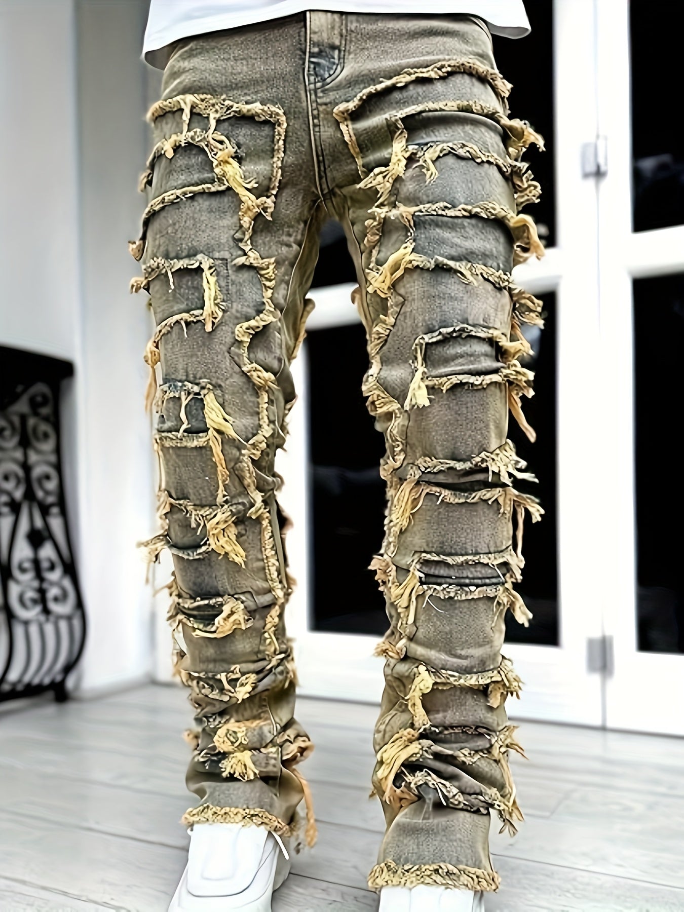 Men's Distressed Slim-Fit Jeans – Layered Rips & Patchwork Street Denim