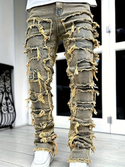 Men's Distressed Slim-Fit Jeans – Layered Rips & Patchwork Street Denim