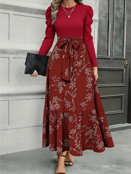 Robe longue portefeuille bleu marine à imprimé floral – Robe trapèze élégante de style rétro