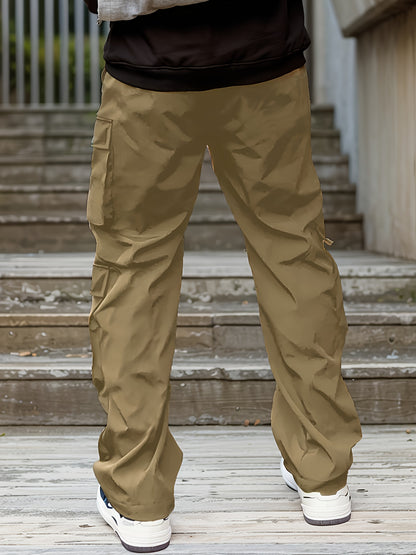Men’s Green Cargo Pants – Loose Straight-Leg Elastic Waist Trousers
