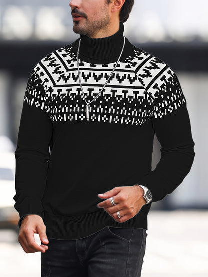 Suéter de cuello alto geométrico para hombre - Suéter informal de punto para otoño e invierno