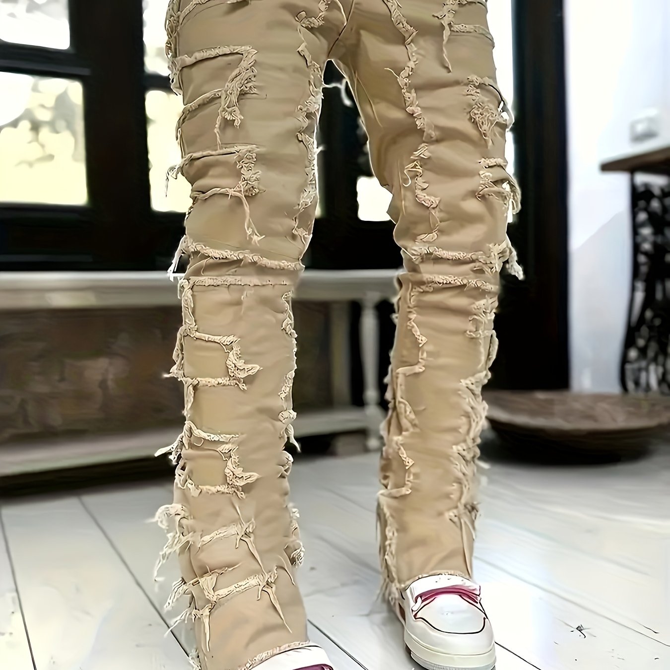 Men's Distressed Slim-Fit Jeans – Layered Rips & Patchwork Street Denim