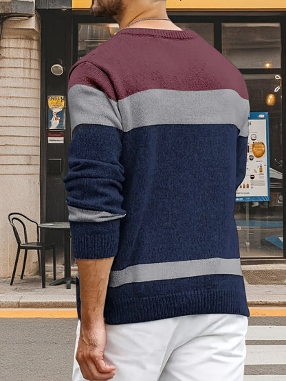 Men’s Color-Block Cable Knit Sweater – Soft Crew Neck Pullover