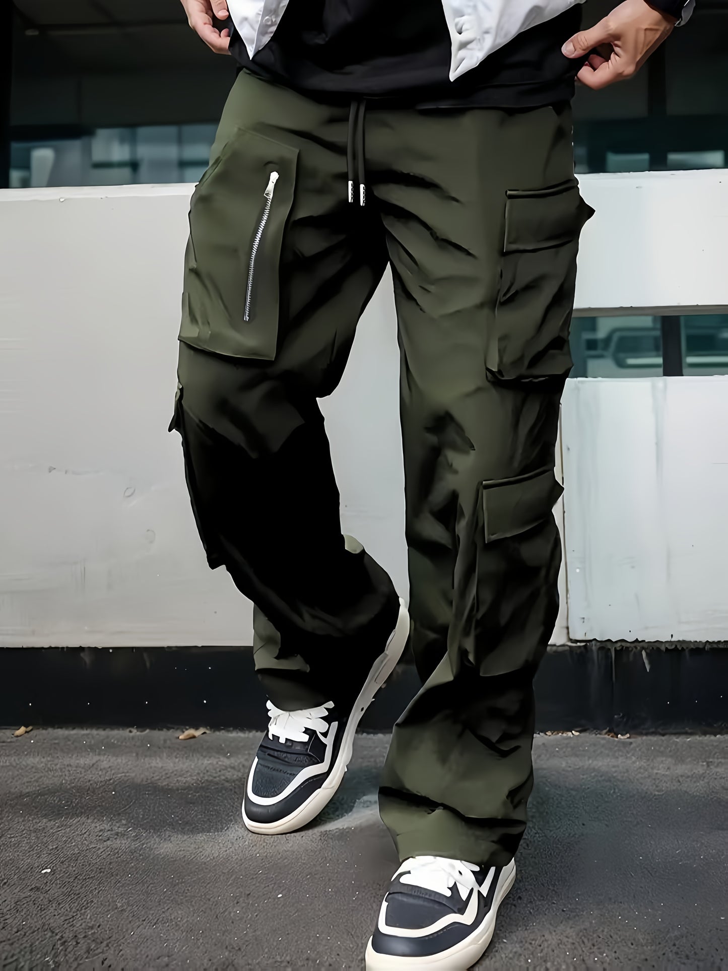 Men’s Black Cargo Pants – Multi-Zip Loose-Fit Outdoor Joggers for Spring/Fall