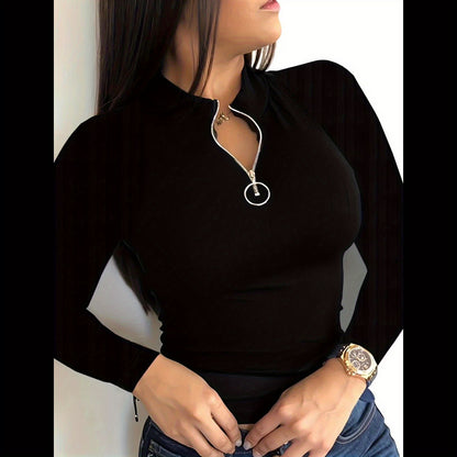 Elegant Zip-Up V-Neck Top – Women’s Solid Color Long Sleeve T-Shirt