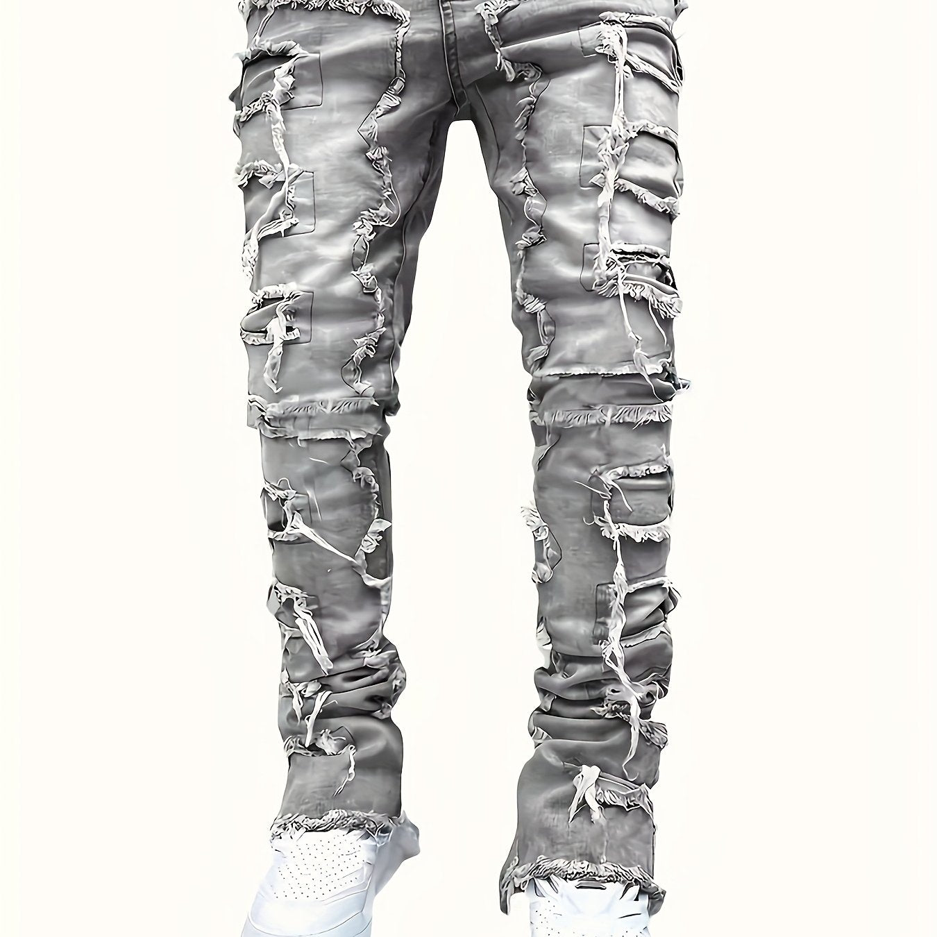 Men's Distressed Slim-Fit Jeans – Layered Rips & Patchwork Street Denim