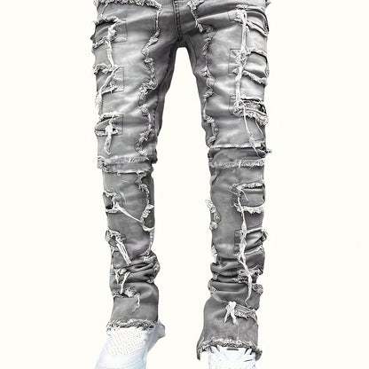 Men's Distressed Slim-Fit Jeans – Layered Rips & Patchwork Street Denim