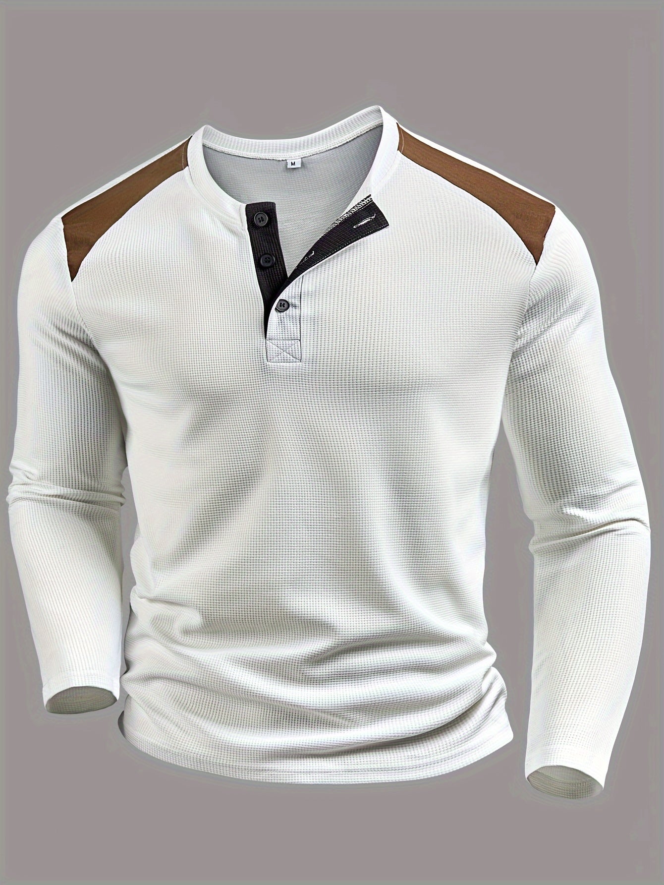 Men’s Waffle-Knit Henley Shirt – Long Sleeve Contrast Casual Top