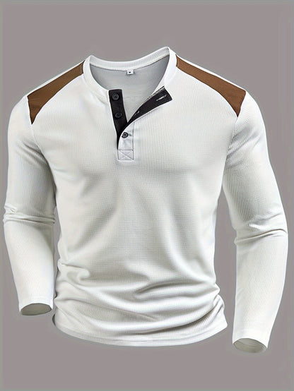 Men’s Waffle-Knit Henley Shirt – Long Sleeve Contrast Casual Top