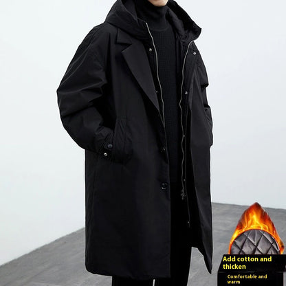 Trench-coat à capuche deux-en-un en fausse fourrure pour homme – Coupe mi-longue et chaude
