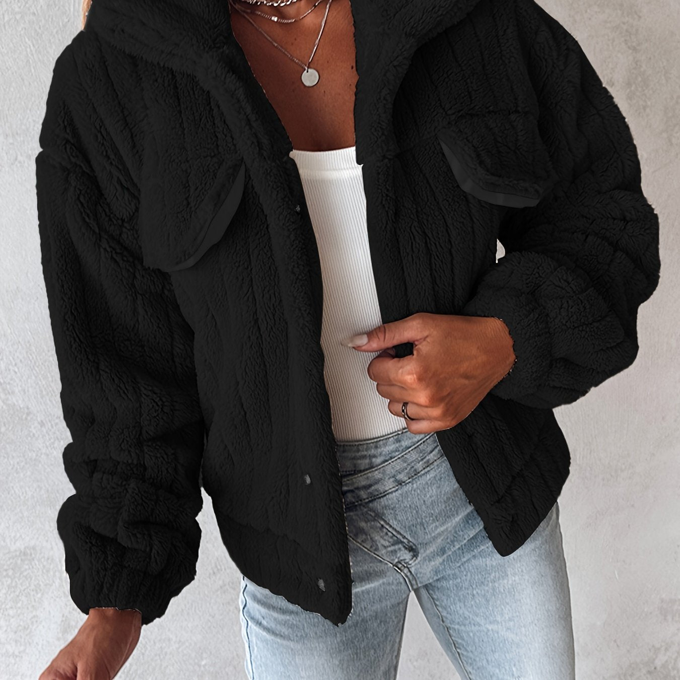 Women’s Soft Pink Plush Jacket – Button-Up Winter Coat with Lapel Collar