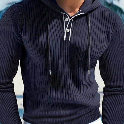 Haut à capuche Henley color block pour homme – Pull décontracté à boutons