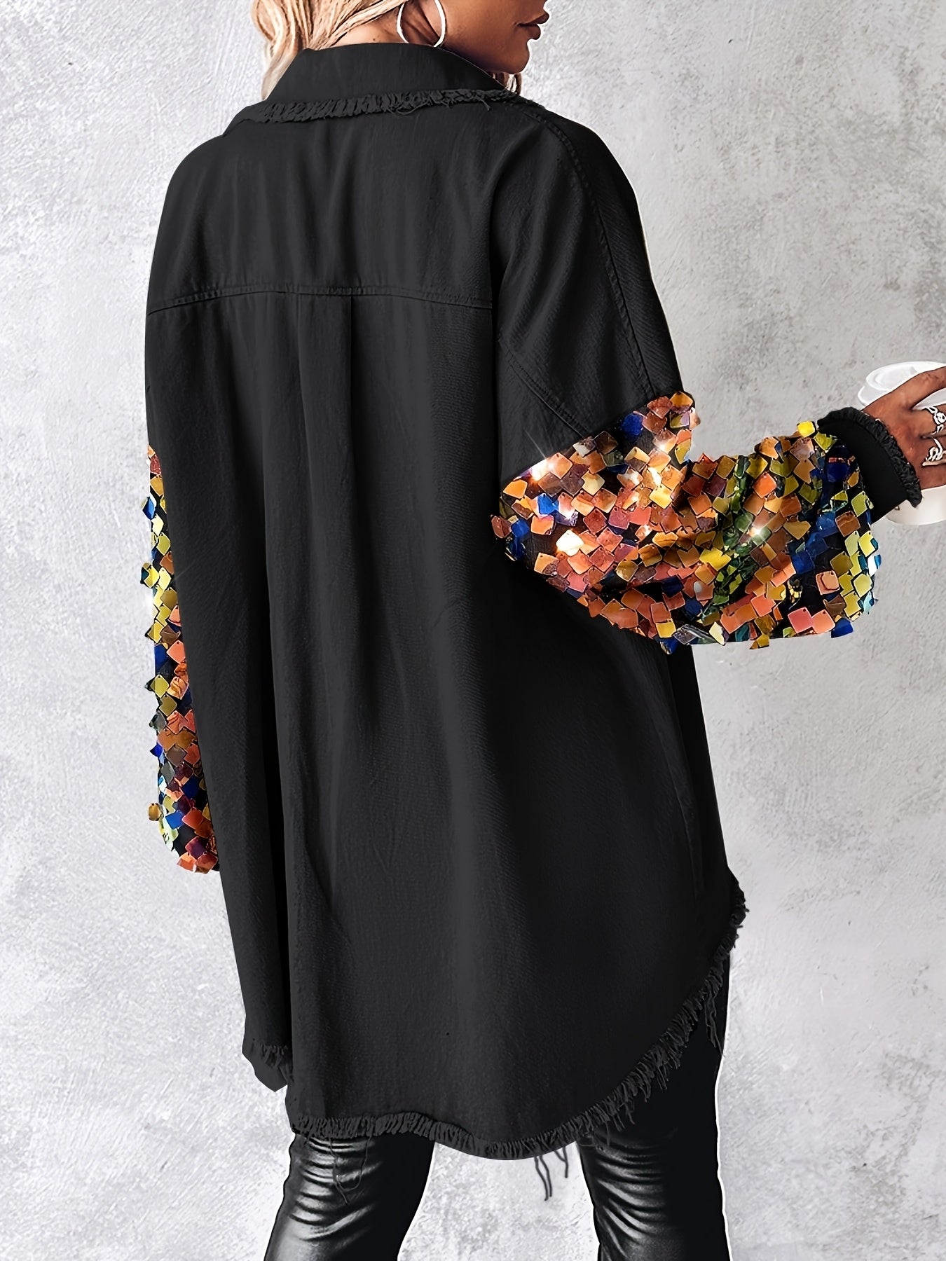Women’s Sequin Tassel Patchwork Shacket – Fuzzy Contrast Long Sleeve Jacket