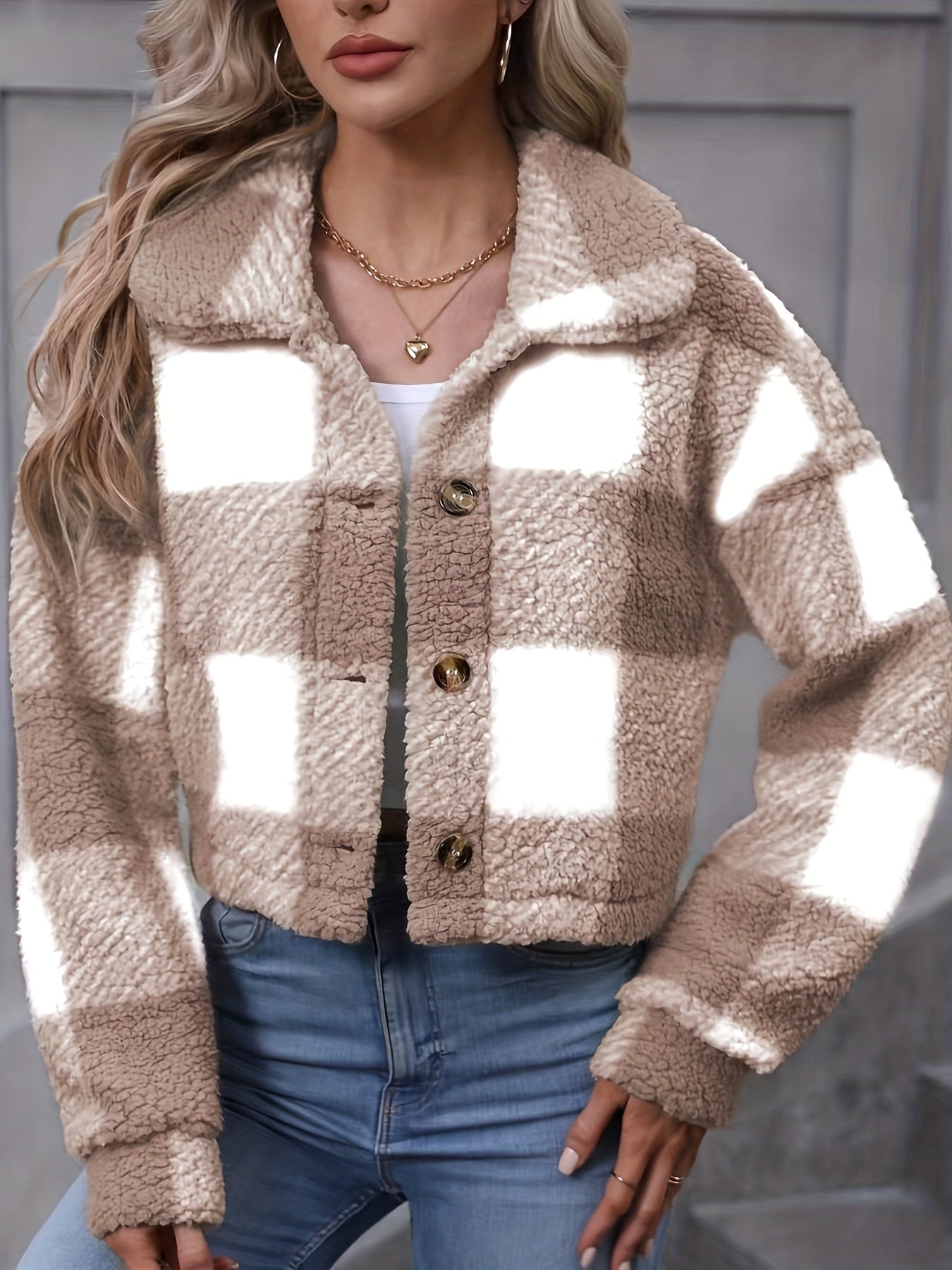 Women’s Plaid Teddy Coat – Button-Up Warm Checkered Fall/Winter Outerwear