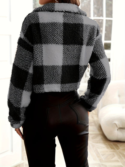 Women’s Plaid Teddy Jacket – Warm Zipper Stand Collar Fall/Winter Outerwear