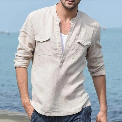 Camisa de Lino y Algodón de Manga Larga para Hombre – Camisa Informal Transpirable con Botones