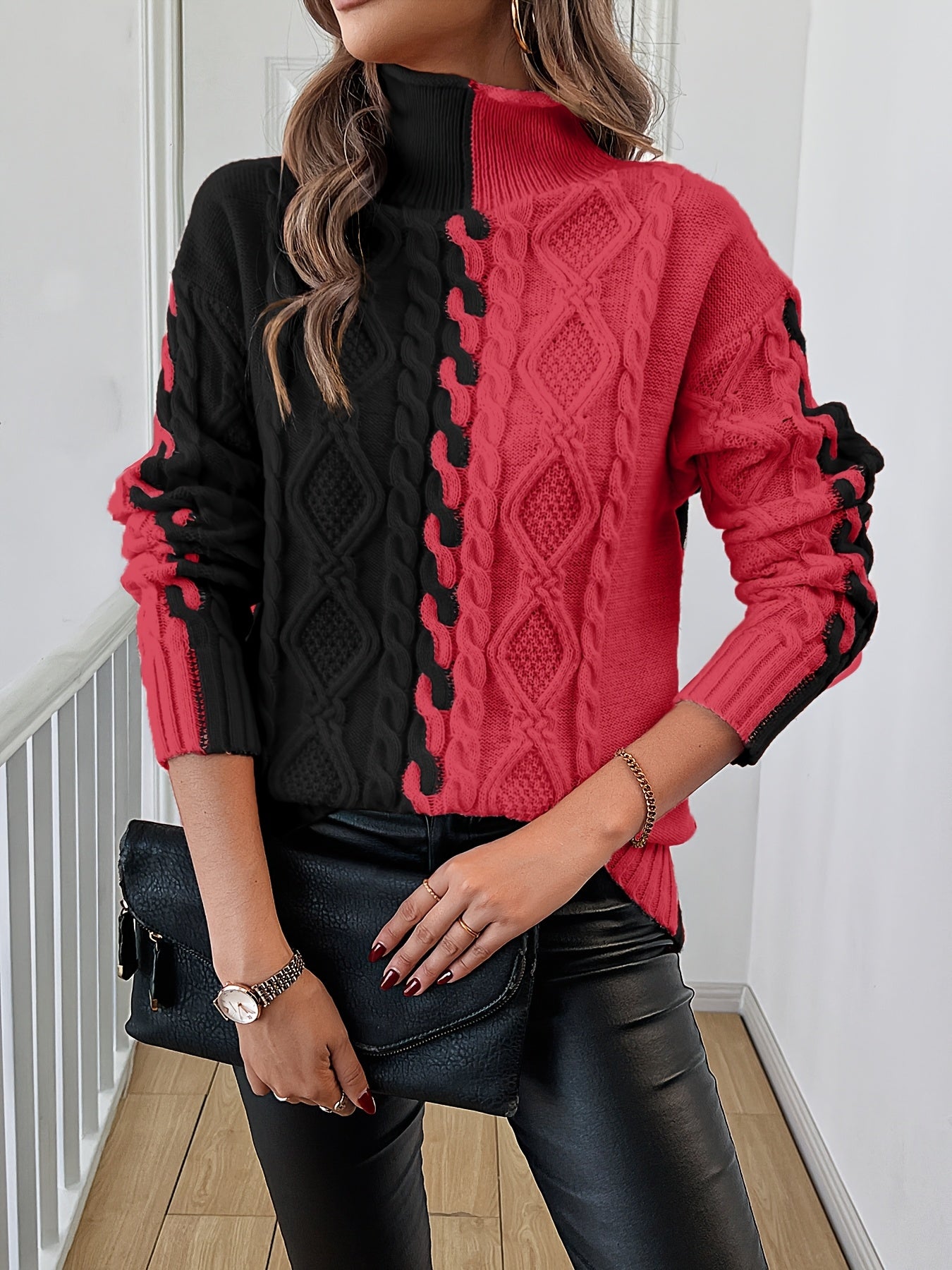 Elegant High-Neck Striped Blouse – Color-Block Knit Long Sleeve Top