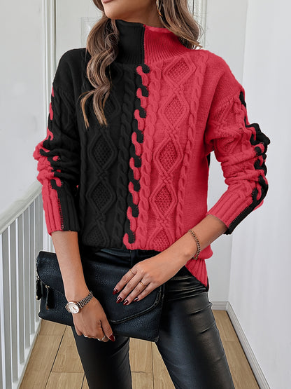 Elegant High-Neck Striped Blouse – Color-Block Knit Long Sleeve Top