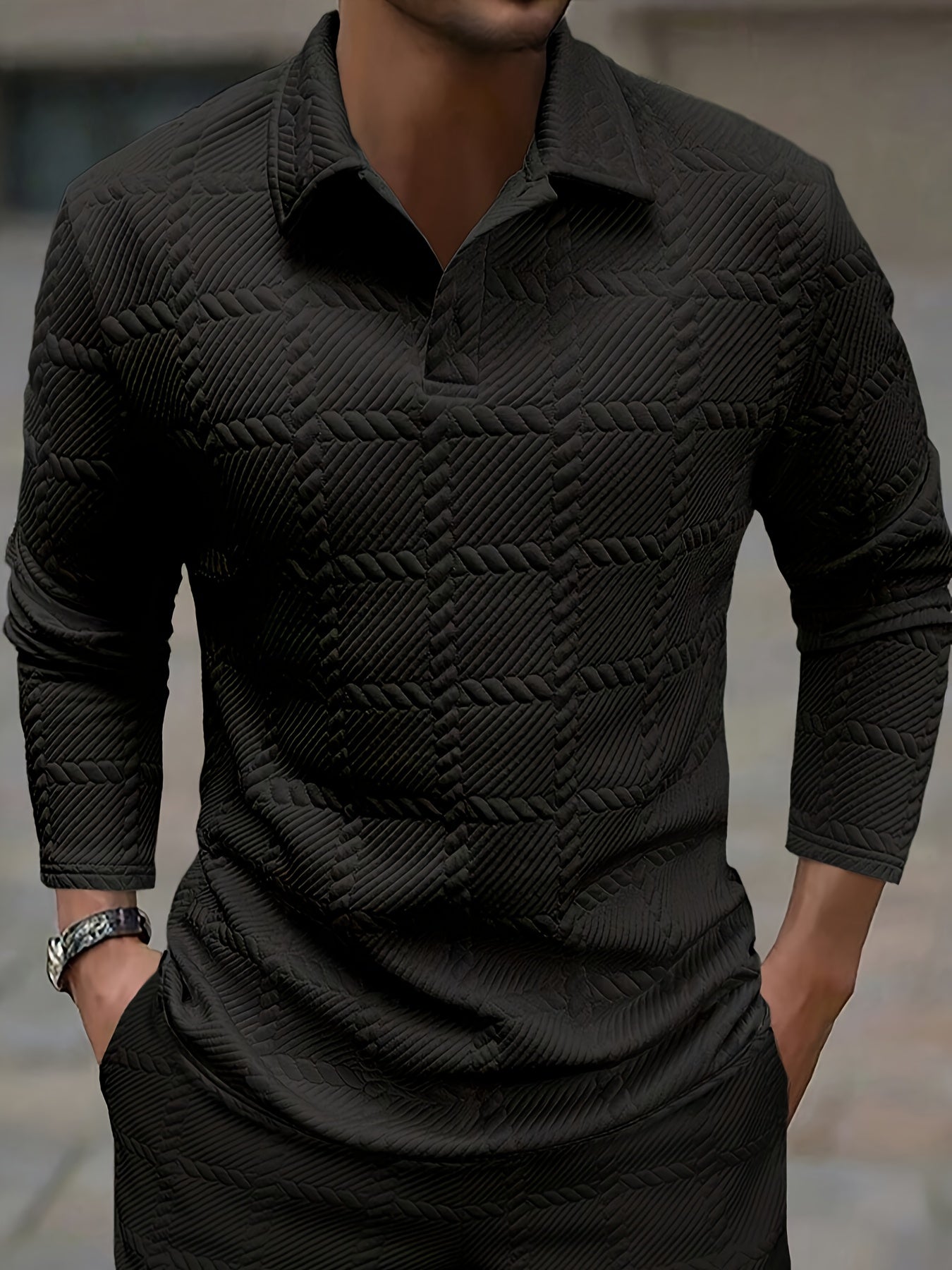 Men’s Knitted Polo Shirt – Geometric Jacquard Short Sleeve Top