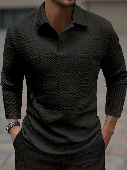 Men’s Knitted Polo Shirt – Geometric Jacquard Short Sleeve Top