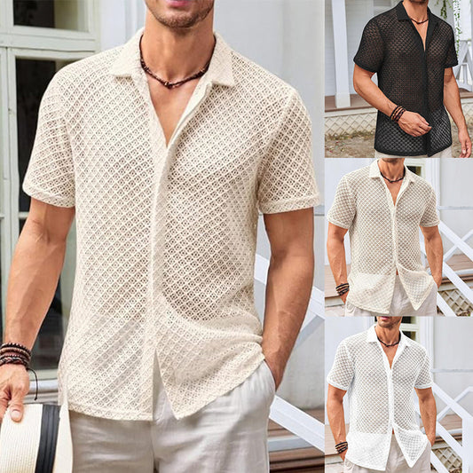 Loom & Soul™ Summer Mesh Short Sleeve Shirt – Men’s Lightweight Lapel Beach Top